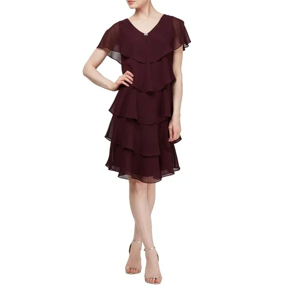 SLNY Women's Petite Pebble Cape Tiered Georgette Cocktail Dress in Fig Size  10P
